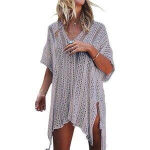 Swim Cover Up Womens Size S Grey Crochet Knit Tunic V-Neck